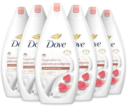 Dove Bagnodoccia Piacere Avvolgente, Idratante Dermo-Naturale, Olio di Mandorle, 1/4 Crema Idratante, Dermatologicamente Testato, Bagnoschiuma Uomo e Donna, 100% Bottiglia Riciclata* 6 Pezzi x 450 ml