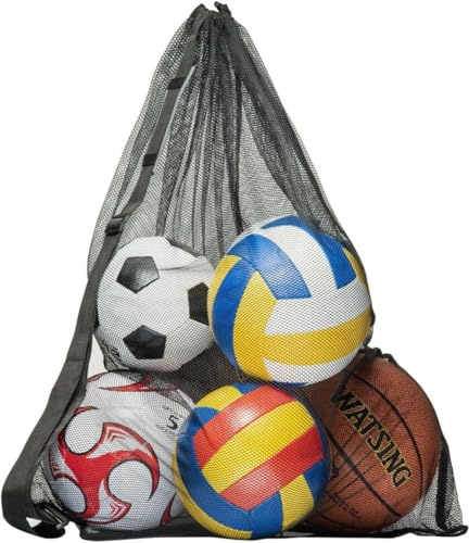 YEICXOH Maschenkugelbeutel Die Balltasche Ball Bag Drawstring Mesh Storage Bag for Football, Basketball, Volleyball Extra Large Professional Sports Equipment Bag with Shoulder Strap (1, Schwarz)