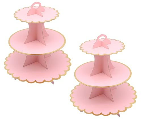 FORYNXHWIN 2 Pack 3-Tier Cardboard Cupcake Stand, Cake Stands for Afternoon Tea, Round Cupcake & Dessert Display Tower for Birthday, Wedding, Mother's Day, Baby Shower (Rose)