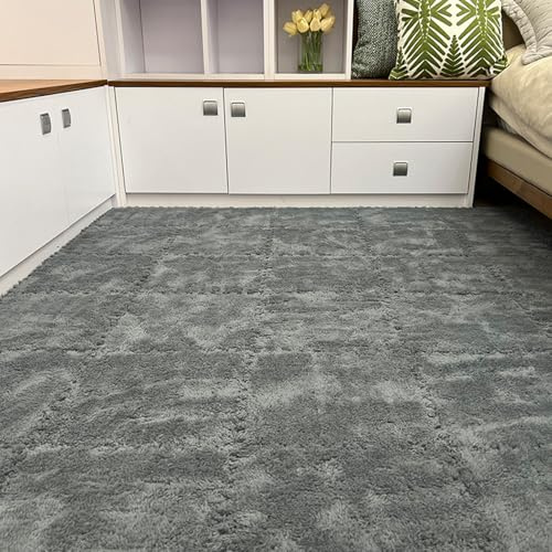 Thickened Soft Plush Foam Interlocking Floor Carpet Mat, 24 Pcs 12x12x0.4 Inch Fluffy Square Puzzle Foam Carpet Tiles with Edgings(Color:Dark Gray)