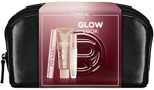 L'Oréal Paris Glow Geschenkset: Lash Paradise Mascara, Lumi Glotion in 903 Medium, Plump In Lipgloss in 400 & luxuriöse Beauty-Bag, Für strahlende Schönheit und glamourösen Glow, 4-teilig