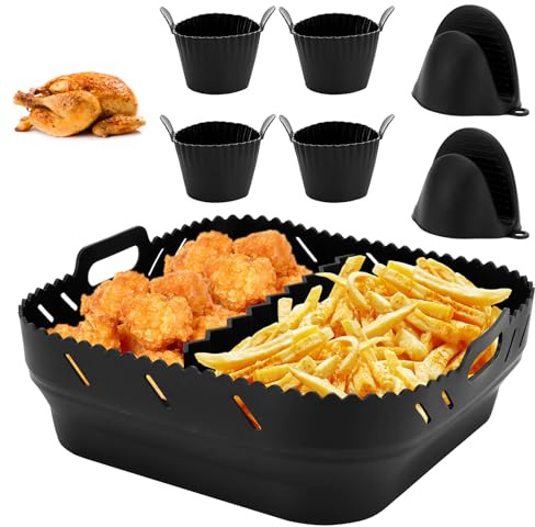 Air Fryer Baking Tray with partition Repeatable Silicone Liners with Hand clamp, Egg Mold Air Fryer Accessories Compatible with Cosori 5.5L,Ninja Speedi 5.7L