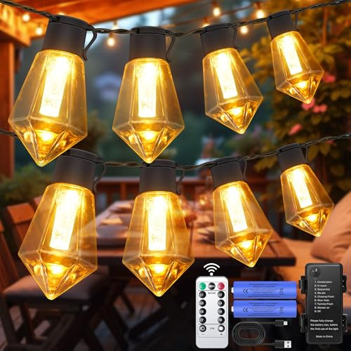 aurogeek Lichterkette Außen Batterie, 5000mAh Aufladbare Outdoor Lichterketten 9m Groß LED Glühbirnen mit Fernbedienung Timer Dimmbar Garten Beleuchtung IP64 für Balkon Bistro Lichter