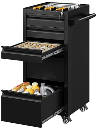Yizosh 5-Drawer Metal Tool Storage Cabinet with Wheels,Rolling Tool Chest with Drawer and Locking Keys,Heavy Duty Tool Storage Organizer for Garage,Warehouse,Workshop