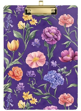 Klemmbrett mit Blumenmuster, Nelken, Tulpen, Hyazinthe, Lila, A4, 31,8 x 22,9 cm, Kunst-Klemmbrett mit flachem Profil-Clip für LKW-Fahrer, Apotheke