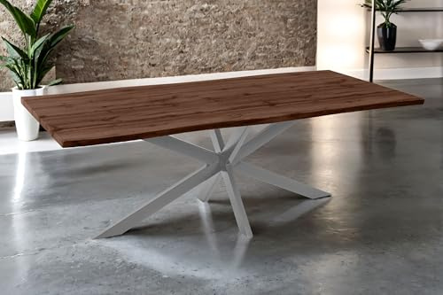 SAM Esstisch Josy 220x100 cm Holz Nussbaum-Optik Spider-Gestell Silber | 40 mm Tischplatte mit Baumkante, Metallgestell, Tisch für Esszimmer & Küche