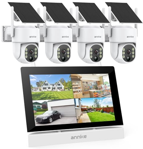 ANNKE Überwachungskamera Aussen Set mit 4CH 7 Monitor, 4X 4MP PT Überwachungskamera Aussen Akku Solar, 270° Schwenken, 90° Neigen, 2 Wege Audio, Farbnachtsicht, Personenerkennung, 64GB SD Karte