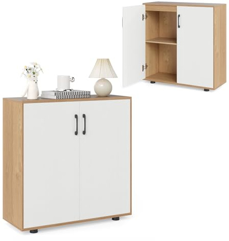 KOMFOTTEU Armario Buffet con 2 Puertas, Mueble Auxiliar con Estate Ajustable, Mueble Bajo de Madera con Dispositivos Antivuelcos, Aparador para Comedor, Salón, Entrada, 80 x 31,5 x 82 cm (Natural)