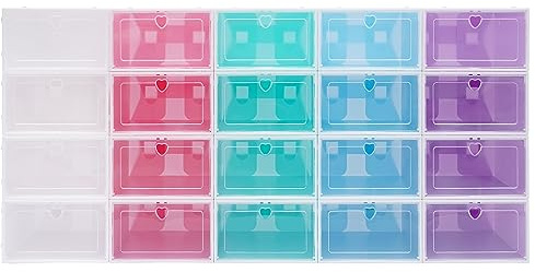 meiliwmlo 20 cajas de zapatos apilables de plástico, cajas de almacenamiento plegables para zapatos, cajas de zapatos de plástico, ahorro de espacio, gran capacidad (colores)