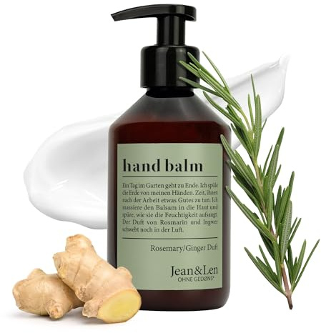 Jean & Len Hand Balm Rosemary & Ginger, con aceite de argán orgánico, manteca de karité y vitamina E para una piel suave, crema de manos hidratante para piel seca, aroma fresco aromático, 250 ml