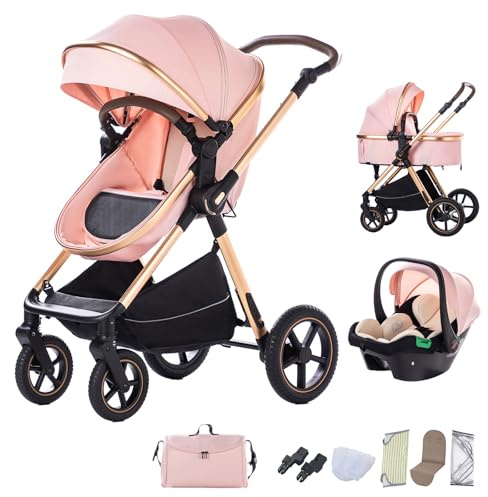BEBBY 3-i-1 barnvagn, hopfällbara bärbara telefonvagnar med ett klick, stadsvagnar med bilstol, landskapsvagn med hög ram i aluminium för nyfödda (D2-rosa, H2-D)