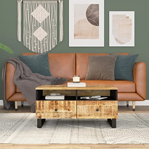 Hoopleep Massivholz Couchtisch aus Mangoholz, 80x54x40 cm, mit 2 Schubladen & 2 offenen Fächern, Stabiler Wohnzimmertisch, robuster Beistelltisch für Snacks & Getränke, modernes Design
