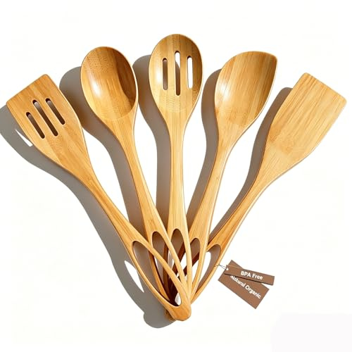 Puluole 5 PCS Wooden Cooking Utensils Set - Premium Wooden Spoons for Cooking, Nonstick Wood Spatula for Cooking, Wood Bamboo Kitchen Utensils, Housewarming Gifts New Home