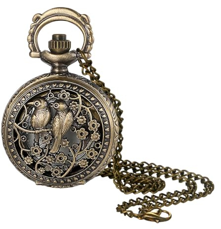 Lancardo Unique Womens Pocket Watch: Quartz Arabic Number Antique Bronze Bird Petal Decorated Case Pendant with Chain Christams Birthday