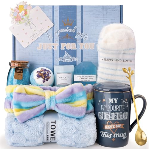 12pcs Mum Birthday Gifts for Mum from Daughter Son, Mummy Pamper Hamper Set | Gifts for Mum Stepmum Grandma, Self Care Basket with 14oz Ceramic Mug Lid Spoon Socks Headband Towel Card Gift Box