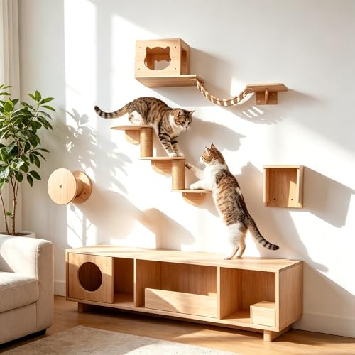 Kletterwand Katzen, 5-teilig Katzen Kletterwand mit Katzenhäusern bis 15 kg | Grevigily Katzen Wandelemente mit Hängebrücken, Stufen, Kletterelement & Kratzfläche, Platzsparende Katzenmöbel für Wohnung