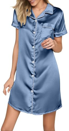 Leaomuny Camicia da Notte Parto Ospedale Manica Corta Seta Camicie Notte Donna Aperta Davanti Scollo a V Vestaglia Gravidanza Comodo Sottoveste Casual Taglie Forti da Casa Pigiama Vestito Morbido