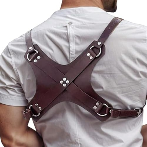 Men’s Brown PU Leather Chest Harness – Adjustable X-Back Buckle Straps | Gothic Punk Body Accessory for Raves, Festivals, Cosplay, Clubwear, Pride, Halloween, Concerts, Streetwear & Valentine’s Day