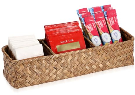 IGNPION Tea Bags Storage, Woven 3 Compartment Coffee Table Organizer Basket | Coffee Station Organizer Caddy for Sugar Tea Pocket, Capsule, Small Seagrass Divided Drawer Storage