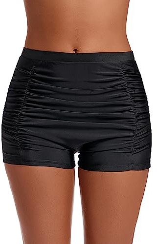 Lovache Women's High Waisted Swim Shorts Ruched Boyleg Tummy Control Bikini Bottom, Black, L