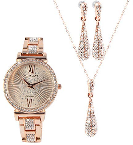 Excellanc Damen-Schmuckset Uhr Kette Ohrringe Strass Analog Quarz 1800177 (roségoldfarbig)