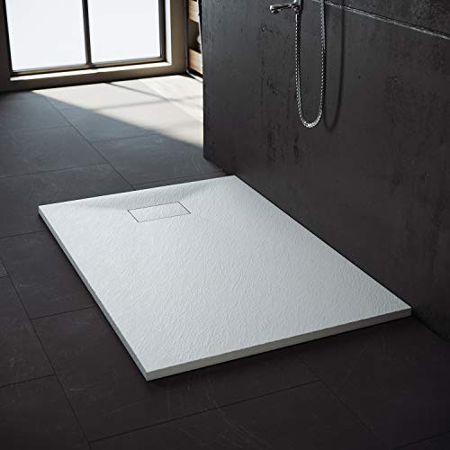 SONNI Duschwanne, Weiß, 120x90 cm, 32 mm Flach, SMC, Schieferoptik | Weißes Duschwanne, Rutschfeste Struktur, Schieferoptik, Superflach, Alle Größen verfügbar, Inklusive Siphon