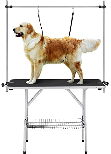 Yaheetech 46'' Pet Grooming Table for Large Dogs Adjustable Height Portable Trimming Table Drying Table w/Arm/Noose/Mesh Tray Maximum Capacity Up to 265Lb, Black