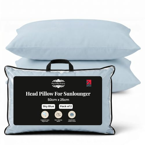 Original Sleep Company Sun Lounger Pillow 2 Pack, 50x25cm Sky Blue Headrest | Adjustable Garden Chair Headrest for Sunbeds, Recliners and Deckchair, Soft Head Support, Made in Britain, OEKO-TEX Certified