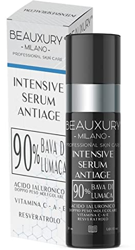 Beauxury Milano Ultra-Lifting-Serum - Vegane Antiaging-Gesichtscreme mit 90% Bio-Schneckenschleim, Hyaluron, Resveratrol, Vitamin A, C & E - Feuchtigkeitscreme gegen Falten, Augenringe - 30 ml