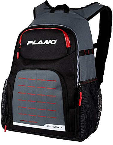 Plano Zaino serie Weekend 3700, grigio con accenti rossi, neri e bianchi, include 2 3700 scatole portaoggetti Stowaway, custodia per attrezzatura premium, borsa morbida per attrezzatura
