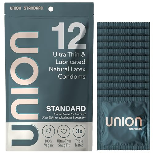 UNION Standard Condoms – Ultra-Thin Natural Latex, Lightly Lubricated, Vegan-Friendly, Body-Friendly, Medium Size for Natural Feel and Comfort, Flared Head, Flexible Design – 12 Count, Medium 54mm