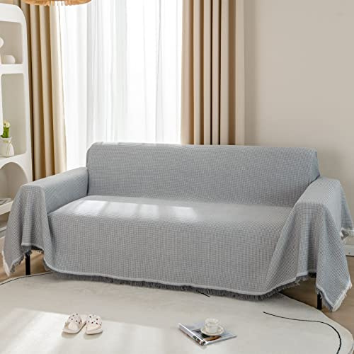 LHGOGO Sofa Überwurf aus Baumwolle | Waffle Jacquard Webart | Sofa Decke als Couchbezug mit Fransen | für Ecksofa, 2-Sitzer & als kuschelige Wohndecke - 180x230cm, Hellgrau