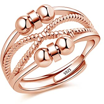 Cangall 925 Sterling Silver Anxiety Ring - Adjustable Open Fidget Ring With Beads Spinner for Stress and Depression Relief - Unisex Anti-Anxiety Ring
