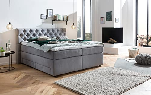 Belanoti ® Lara Boxspringbett 160x200 mit 4 Schubladen Stauraum Bett 160x200 mit Bettkasten in der Farbe Hellgrau H2/H3 Chesterfield Kopfteil 7-Zonen Taschenfederkern Matratze inkl. Visco Topper