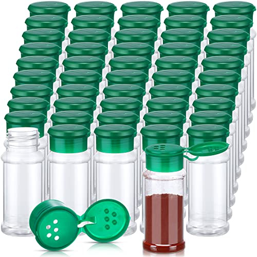 Rtteri 50 Pcs 3.3 Oz/ 100ml Plastic Spice Jars Pack with Shaker Lids, Empty Spice Containers Set, Plastic Seasoning Shaker Jars for Cooking Party, Storing, Seasoning Powders Herbs Powders Glitters