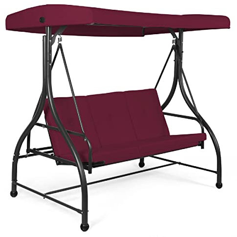 RELAX4LIFE 3 Seater Swing Chair, Garden Swing Seat Chair with Adjustable Canopy and Cushions, Outdoor Patio Hammock Convertible Bench for Balcony Backyard Poolside (Wine Red)