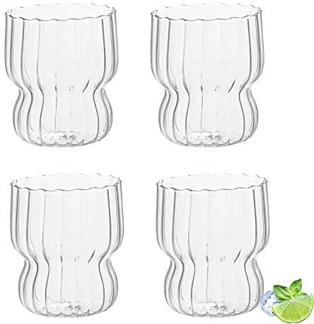 Lot de 4 verres à latte macchiato - 300 ml - Transparent - Verres à cappuccino - Avec rayures verticales - Résistants à la chaleur - Pour café, lait, jus, bière, thé