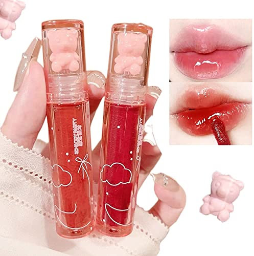 New Irven 2Pcs Bear Lip Glaze Jelly Lipstick,Liquid Lipstick Cute Bear Lipgloss,Moisturizing Lip Stain Plumping Water Lip Gloss Waterproof langlebig, Wangen, Rouge, Kosmetik, Bär, Schönheit