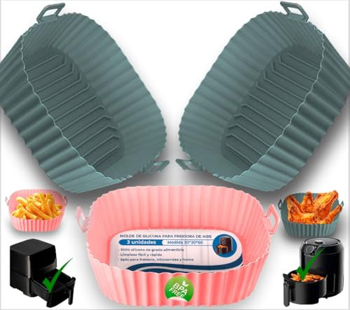 KRAPPS Molde Silicona Freidora de Aire Reutilizables 5-8L Set 3 Piezas 21cm - Moldes Silicona Air Fryer, Recipiente Air Fryer, Accesorios Freidora de Aire, Bandeja para Airfyer, Moldes para Airfryer