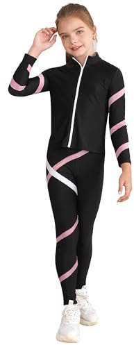 TTAO Mädchen Sport Kleidung Set Glitzer Eiskunstlauf Anzug Langarm Strass Sweatjacke + Eislaufhose Eislaufen Trainingsoutfit Yoga Workout Outfit Rosa 110-116