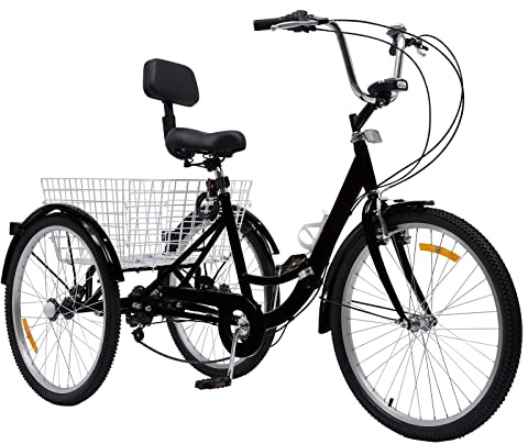 KEESUNG 24 Zoll Dreirad Erwachsene Tricycle, 24 7 Gang Erwachsene Dreirad 3-Räder Fahrrad Schwarz Klappbar Dreirad Erwachsene Tricycle mit Korb, Lampe, RüCkenlehne Und Becherhalter