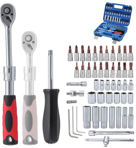 KATSU 1/4 Inch Drive Extendable Wrench Socket Set 51 PCs 72 Teeth Telescopic Quick Release Socket Ratchet Wrench, Chrome Vanadium Steel, Auto Repairing Garage Mechanic Tool
