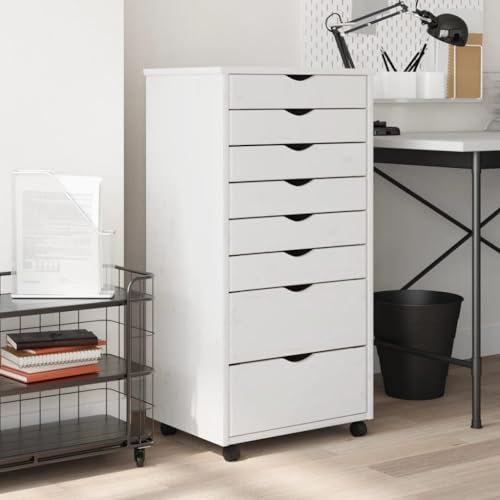 prissent 53 x 39 x 103 cm Drehbarer Schrank mit Schubladen MOSS Massivholz Kiefer Hochschrank mit Rollen Büroschrank Aktenschrank Rollcontainer Holz weiß