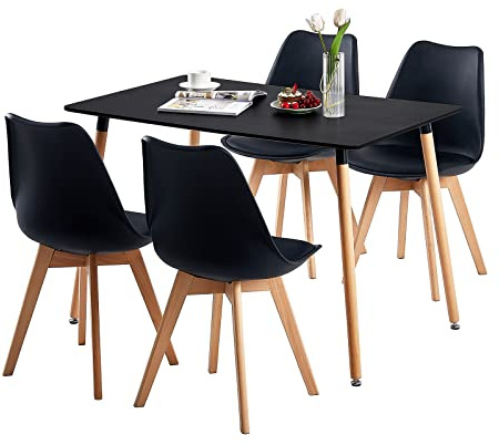 EGGREE Esszimmer-Set, rechteckig, Esstisch mit 4 Stühlen, Küchentisch, Holztisch | schwarzer Tisch + 4 schwarze Stühle