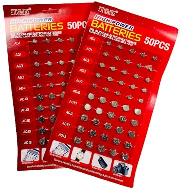 Needs & Wants® Lot de 50 piles bouton alcalines assorties AG1 AG3 AG4 AG10 AG12 AG13 pour montres, caméras, calculatrices, jouets, thermomètres