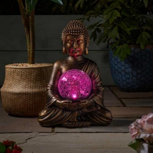 Garden Mile Solar Buddha Statue Outdoor Ornament - Große Bronze-Effekt Meditierende Figur mit Craquelé-Glaskugel, wasserdichtes Harz, mehrfarbiges LED-Licht, Zen-Gartendekoration für Haus, Terrasse