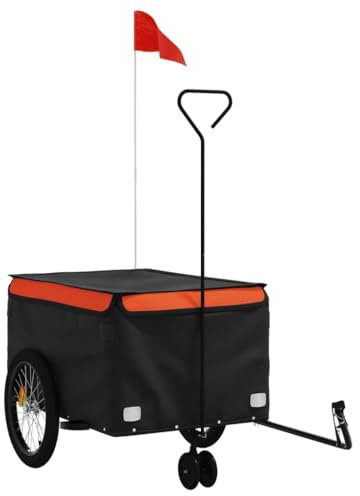 vidaXL Fahrradanhänger, Lastenanhänger mit Sicherheitsflagge, Transportanhänger mit Deichsel, Fahrrad Anhänger Radanhänger, Schwarz Orange 45kg Eisen