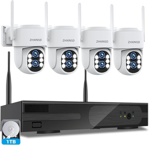 ZHXINSD Wireless Outdoor Security Camera System: Dual Lens 6MP 10X Hybrid Zoom Auto Track PTZ 4 Pack 4K 10 Channels DVR with 1TB HDD for Home Security