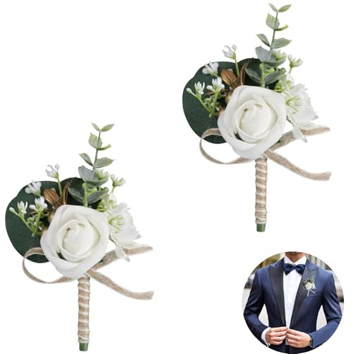 Huilimei Künstliche Herren-Rosen-Boutonniere, Knopfloch-Blumen mit Nadel und Clip, künstliche Hochzeitsblumen, Brautschmuck, Brautjungfer, weiße Ansteckblume für Hochzeit, Party, Abschlussball, Anzug,