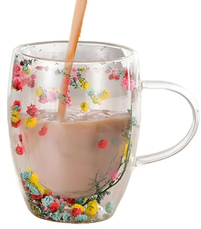Honhoha Tazze di Vetro a Doppia Parete Con Fiori Secchi - Per Caffè e Tè, Trasparenti